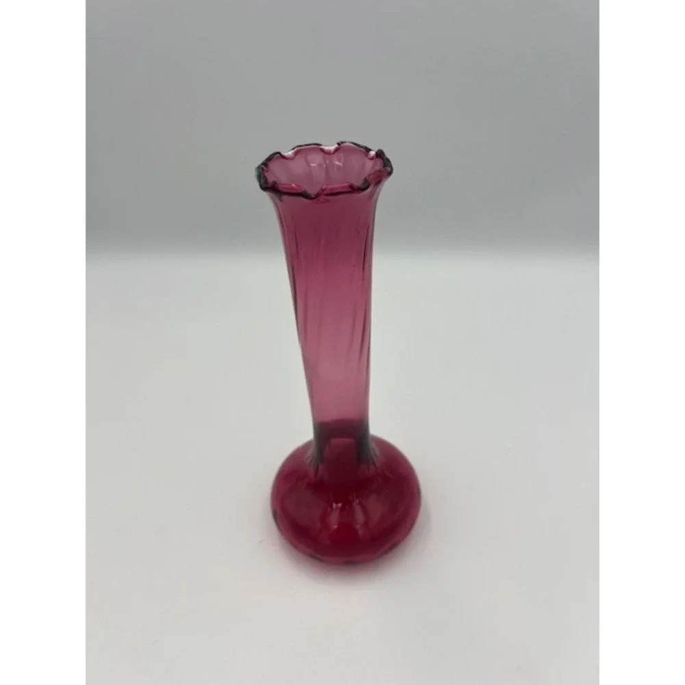 Vintage Pilgrim Cranberry Swirl Bedford Ruffle Bud Vase Hand Blown Magenta 7 In